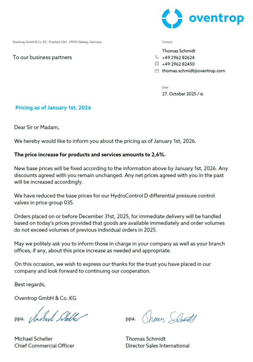 Oventrop prisstigning 2026